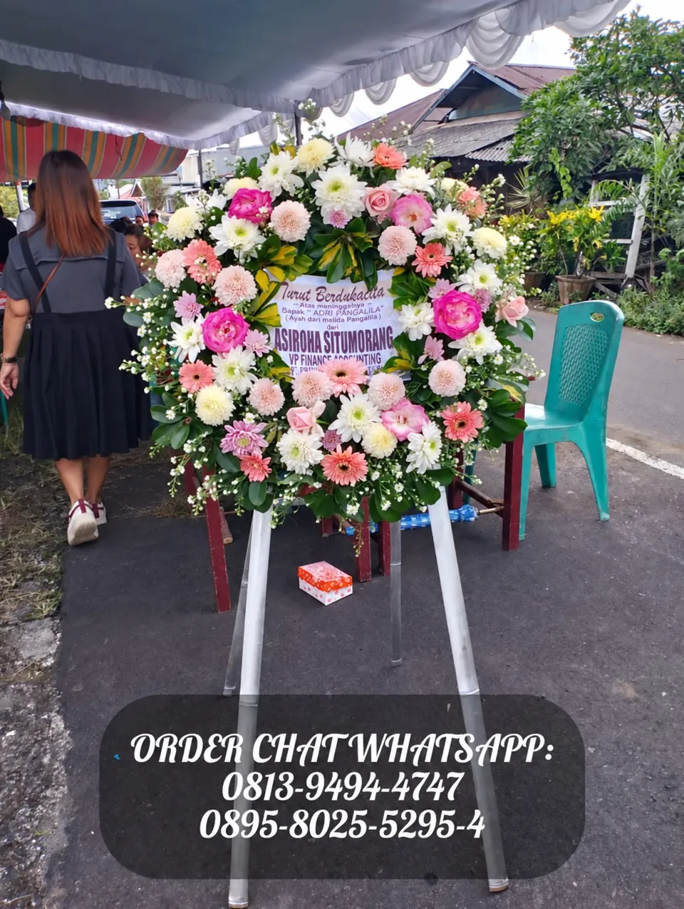 Krans Bulat Mawar Gerbera Pink Putih